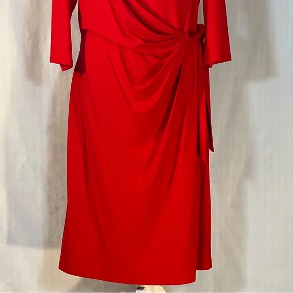 Ann Taylor Red Dress Jersey Drape Neckline Faux Wrap Tie MIDI 3/4 Sleeve EUC XL - Picture 3 of 8